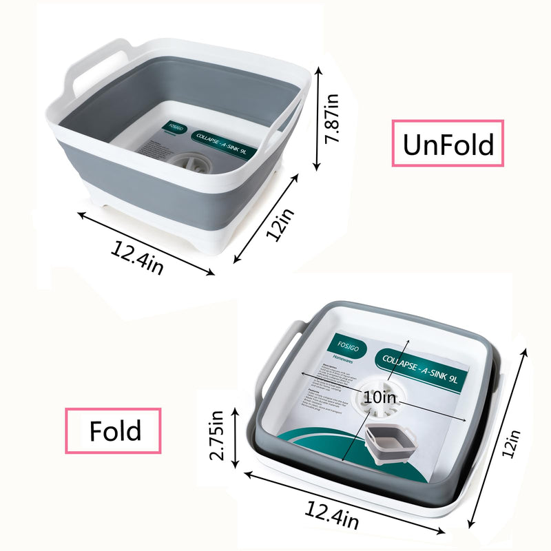 2.4 Gal(9L) Collapsible Dish Basin with Drain Plug,Space Saving Multiuse Foldable Sink Tub,Dishpan,Kitchen Sink for Camping,Plastic Tub,Vegetable Washing,Beverage Tubs Gray