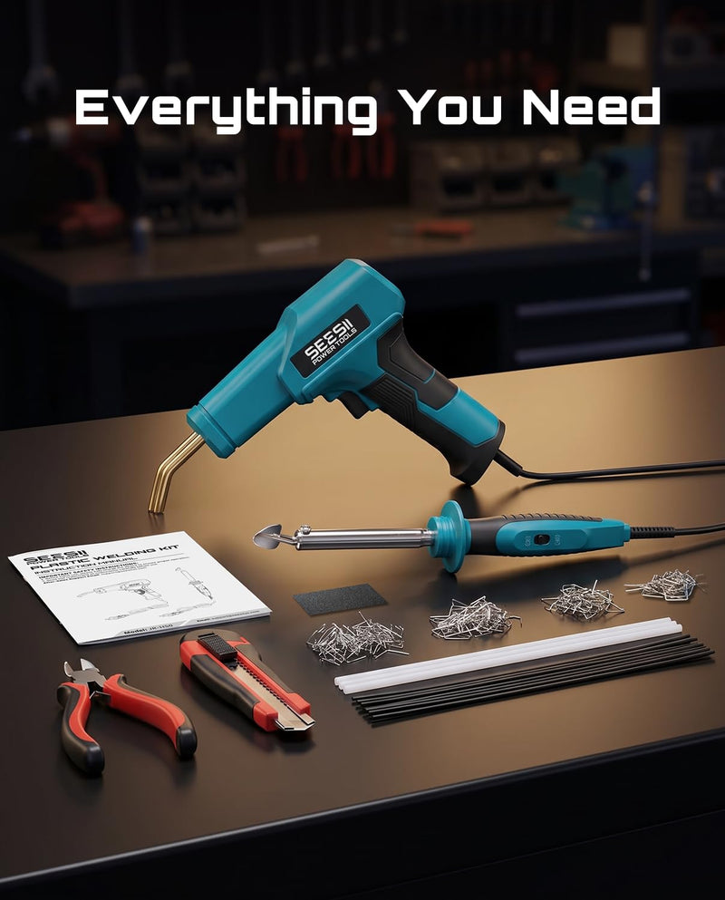 SEESII 150W Plastic Welder Welding Kit, 2 in 1 Hot Stapler Plastic Repair Kit with 60W Soldering Iron, Staples, 20PCS Plastic Rods & Pliers for Car Bumper Crack, Kayak, Dashboard, Plastic Toys Repair Blue