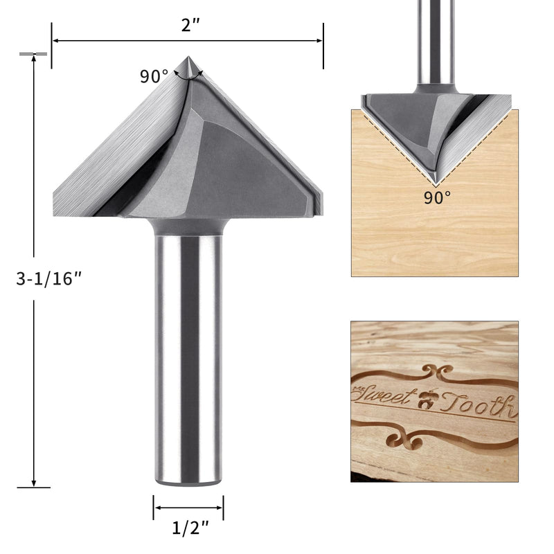 90 Degree V Bit 1/2" Shank, 2" Cutting Diameter Carbide Tipped V Groove Router Bit Wood CNC Router Bits for Grooving, Chamfering, Engraving 90 Degree, 1/2" Shank, 2" Cut Dia