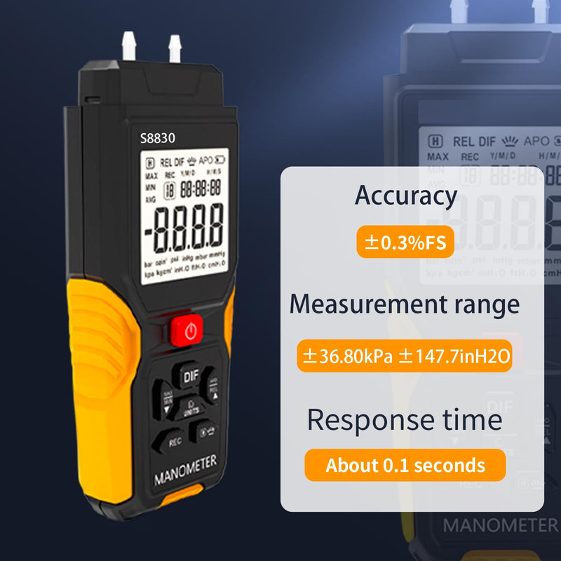 Digital Air Pressure Meter,+/-36.80kPa 147.7inH20 Dual-Port Manometer,Differential Pressure Gauge for air Conditioning Systems,Ventilation ducts,HVAC,Gas Pressure Tester