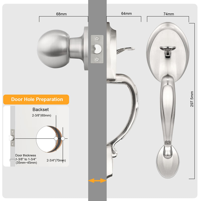 Probrico Brushed Nickel Front Door Handle Set, No Locking, Antique Exterior Door Handle with Interior Door Knob,1Pack 1 Satin Nickel