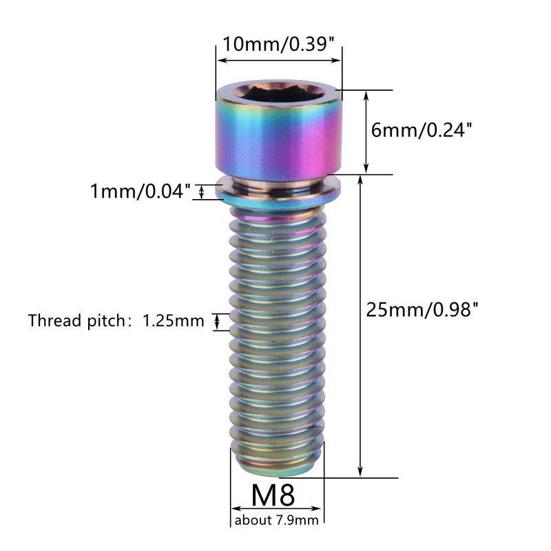 6Pcs Titanium M8 x 25mm Ti Bolt with Washer for Bicycle Stem Rainbow