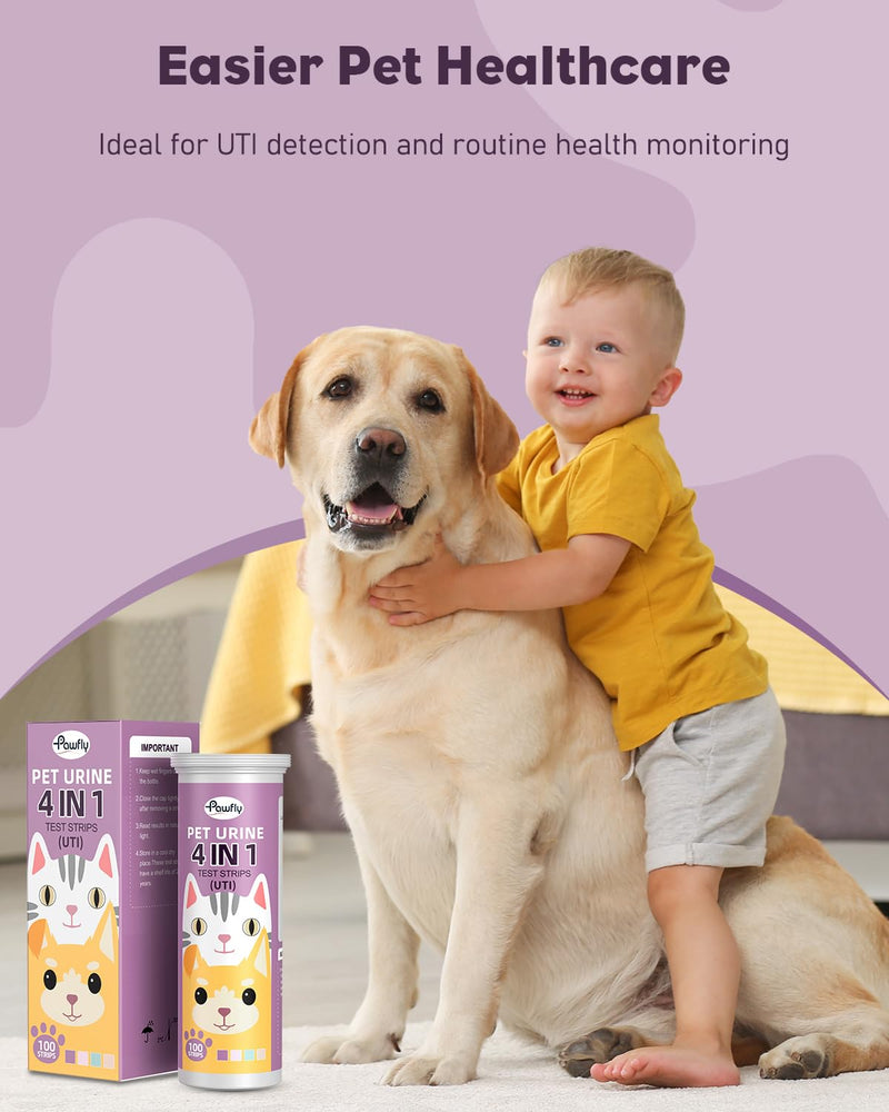 Pawfly Urine Test Strips for Dogs & Cats, 100 Strips, 4 in 1 Pet Urine Testing Strips for Leukocytes, Nitrite, Protein & Blood, UTI Test Strips, Urinalysis Test Strips for Vets