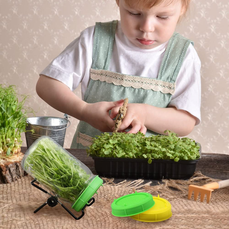 Picowe Plastic Sprouting Lids, Sprouting Jar Stands, for 86mm Wide Mouth Mason Jars, Canning Jars, Suit for Grow Bean Sprouts, Alfalfa, Salad Sprouts(16 Pack, Green) 8 x Lids + 8 x holder