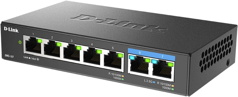 D-Link 7-Port 2.5GB Unmanaged Gaming Switch with 2 x 2.5G, 5 x 10/100/1000 Mbps - Multi-Gig, Network, Fanless, Plug & Play (DMS-107) Black 7-Port, 2 x 2.5G, 5 x 1000/100 Multi-Gig Switch