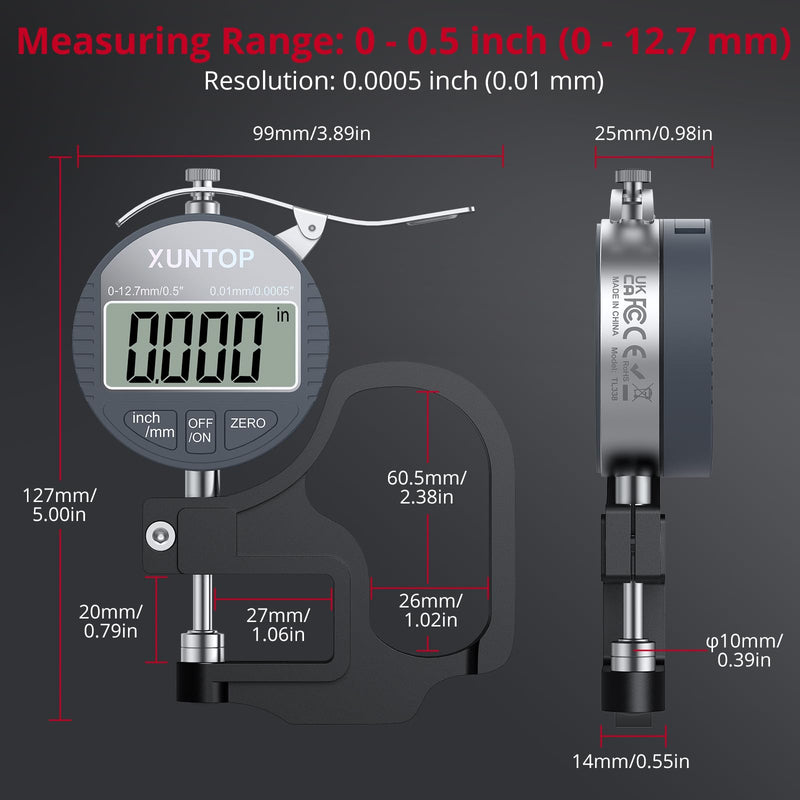 XUNTOP Digital Thickness Gauge 0.5inch/0.0005inch(12.7mm/0.01mm) Thickness Meter with LCD Display, Unit Conversion, Storage Case for Paper Plastic Leather Metal Wire