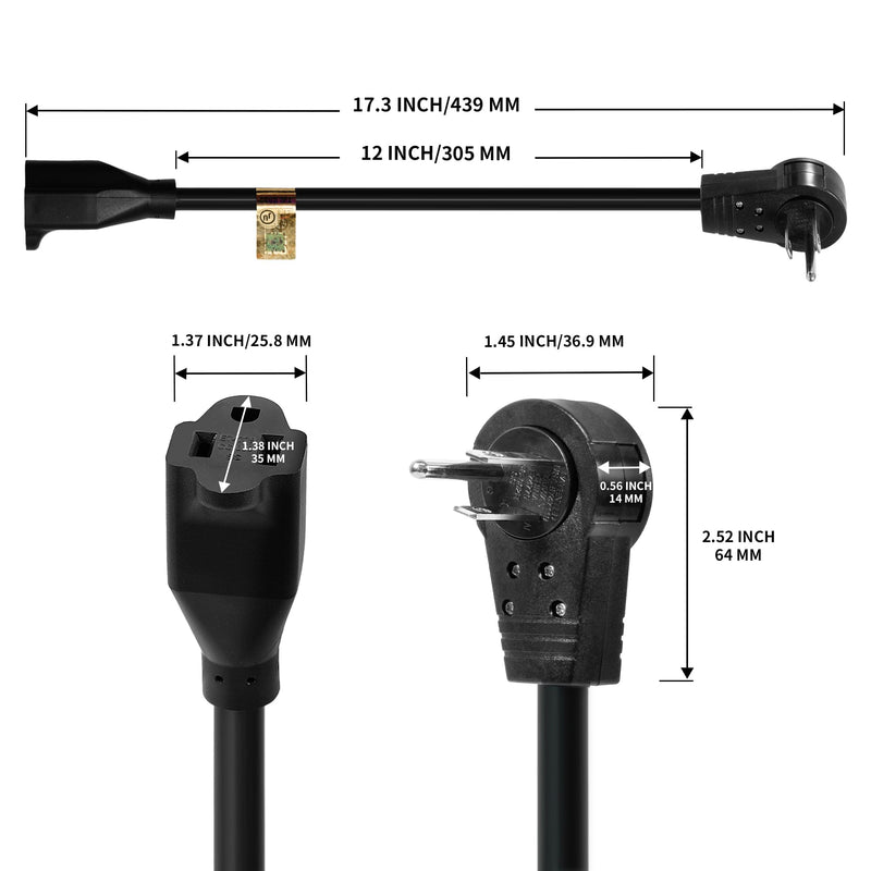 Nekteck 360° Rotating Flat Plug Extension Cord, 1 Foot, 14AWG 3 Prong, Low Profile Right Angle Power Cord Grounded Wire, UL Certified, Black (6 Pack) 6 pack
