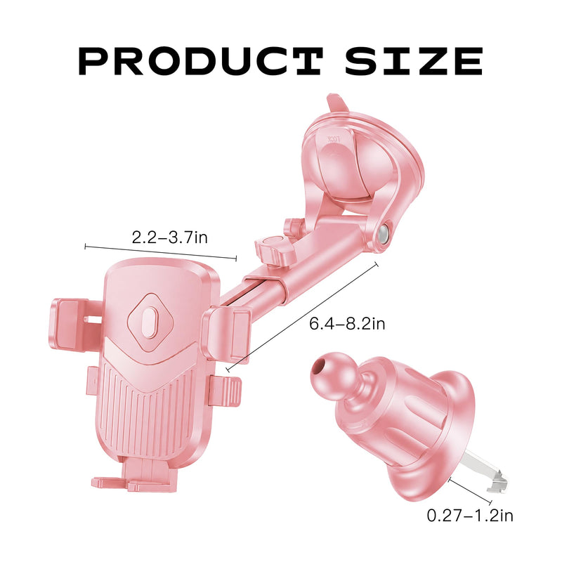 Car Phone Holder, 360° Adjustable Strongest Suction Vehicle Dashboard Windshield Cell Phone Stand with Hook Clip, Adjustable Hands Free Automotive Smartphone Stand Accessories (Pink) Pink