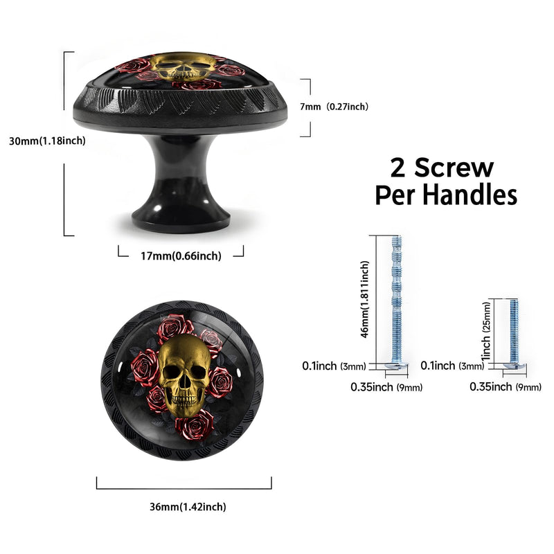 12 Pack Gothic Golden Skull Red Roses Cabinet Knobs for Kitchen | Drawer Pulls Round Dresser Handles Hardware for Desk Cupboard Wardrobe Closet Vanity Door Bathroom Decor 12PCS - 1.37"L x 1.1"W Gothic Gold Skull with Red Roses