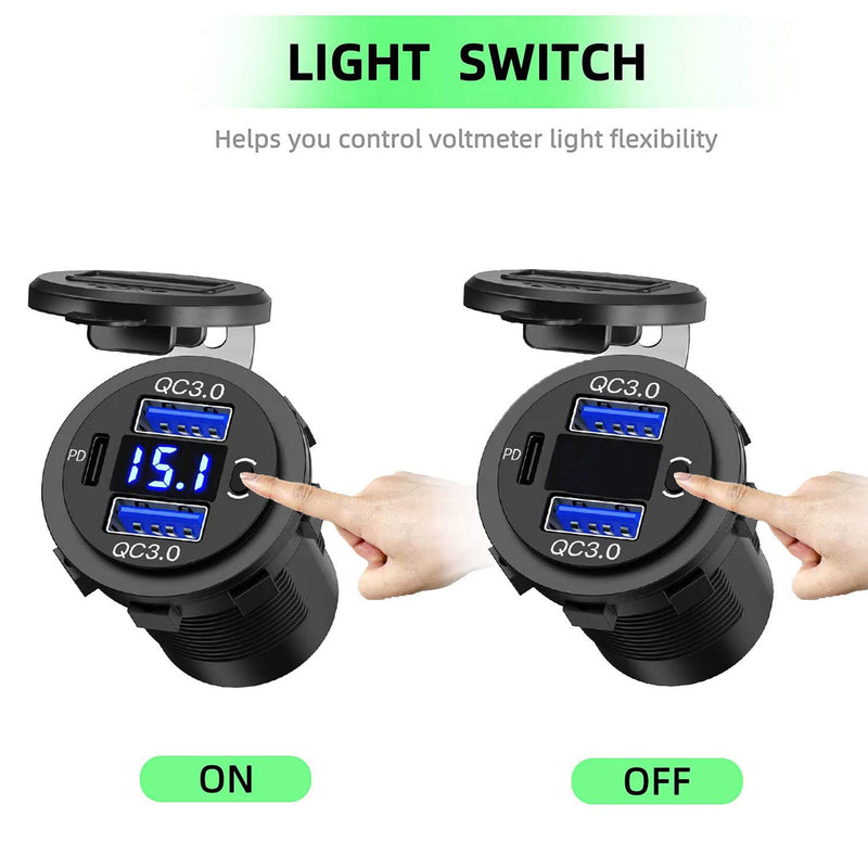 5 Pack 12V USB Outlet, QC3.0 & PD Dual Car Charger with Voltmeter & Switch | Fast charge 3 devices with QC3.0 & PD, plus built-in voltmeter & on/off switch. Ideal for cars, boats, marine, trucks, & RVs. 2QC+1PD