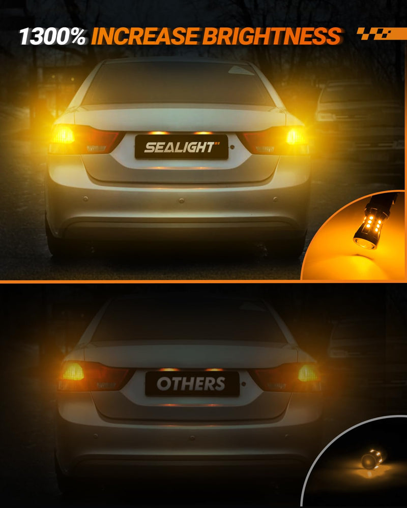 SEALIGHT 3157 LED Bulb Amber, LED Turn Signal Bulbs, Free Extra Resistor, 3156 3056 3057 Amber 2700K With Convex-Mirror for Front/Rear Turn Signal Light, Parking Light, Marker Light, 2PCS Amber/Yellow