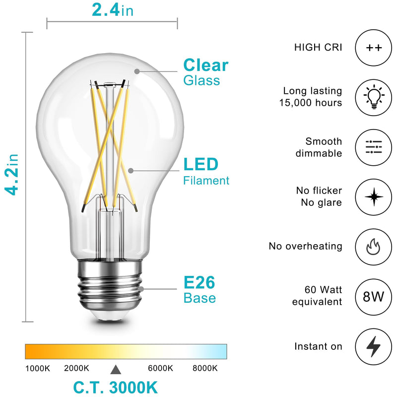 TJOY 12 Pack A19 Vintage LED Edison Bulbs, Dimmable, 60W Equivalent, High Brightness 3000K Soft Warm White, 8W E26 Standard Base, 800 Lumens, CRI80+, Clear Glass Filament Bulb for Home, Farmhouse 8W 12 Pack 3000k Warm White