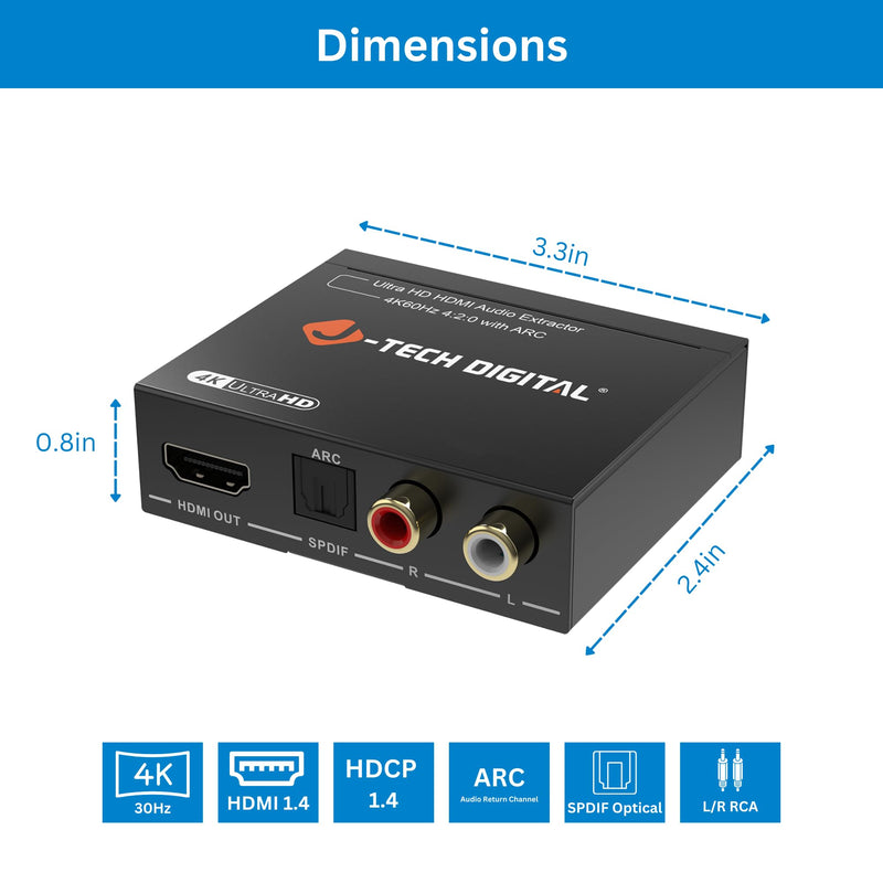 J-Tech Digital HDMI Audio Extractor 4K 60Hz HDMI to Optical SPDIF + RCA, Supports HDMI ARC Dolby Digital DTS CEC HDCP 1.4 [JTD4KATSW]