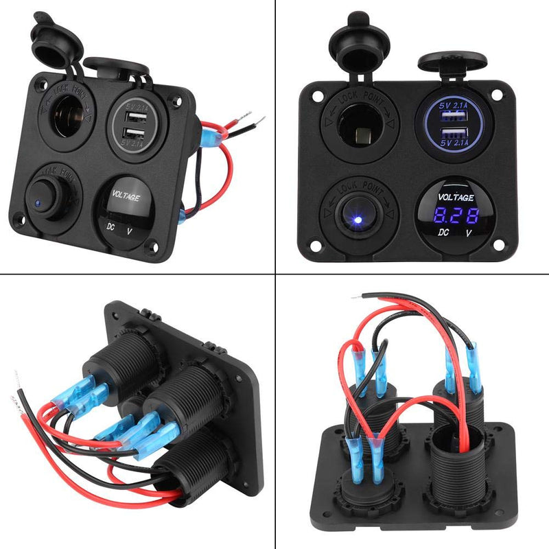 Waterproof 4 Gang Marine Boat ON/Off Toggle Switch Panel & 4.2A Dual USB Socket & Voltmeter & Cigarette Lighter Blue LED Light(Blue)
