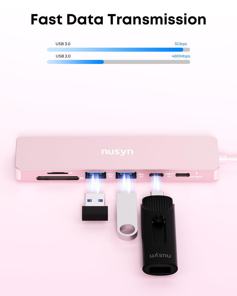 7-in-1 USB C Hub with 4K@60Hz HDMI, 2 USB-A, 1 USB-C, 100W PD Charging, SD 3.0 /TF 3.0 Card Reader, Compatible with MacBook Pro/Air/Neo, iPad Pro, iMac, iPhone 15-17 (Blush) Blush