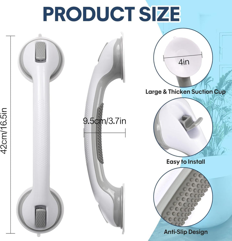 Auroras Strong Suction Cup Grab Bars for Bathtubs and Showers, 2 Pack Removable Heavy Duty Shower Grab Bars for Seniors No Drilling, 16 Inch Non-Slip Shower Handles for Elderly,Children,Injured Gray