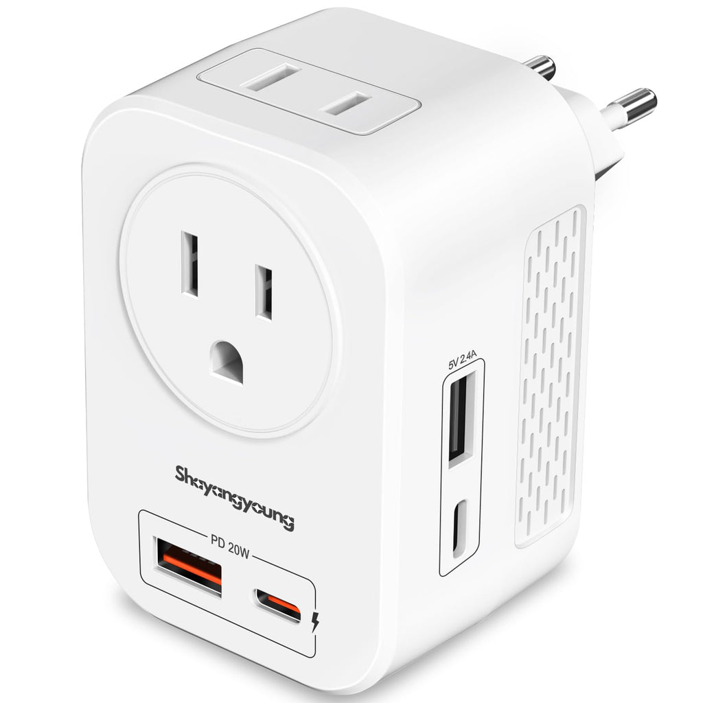 220V to 110V Voltage Converter US to Europe International Universal Travel Adapter, 20W PD with 2 USB-A 2 USB-C Port, Worldwide Power Converter Plug Combo US to Spain Italy Greece White