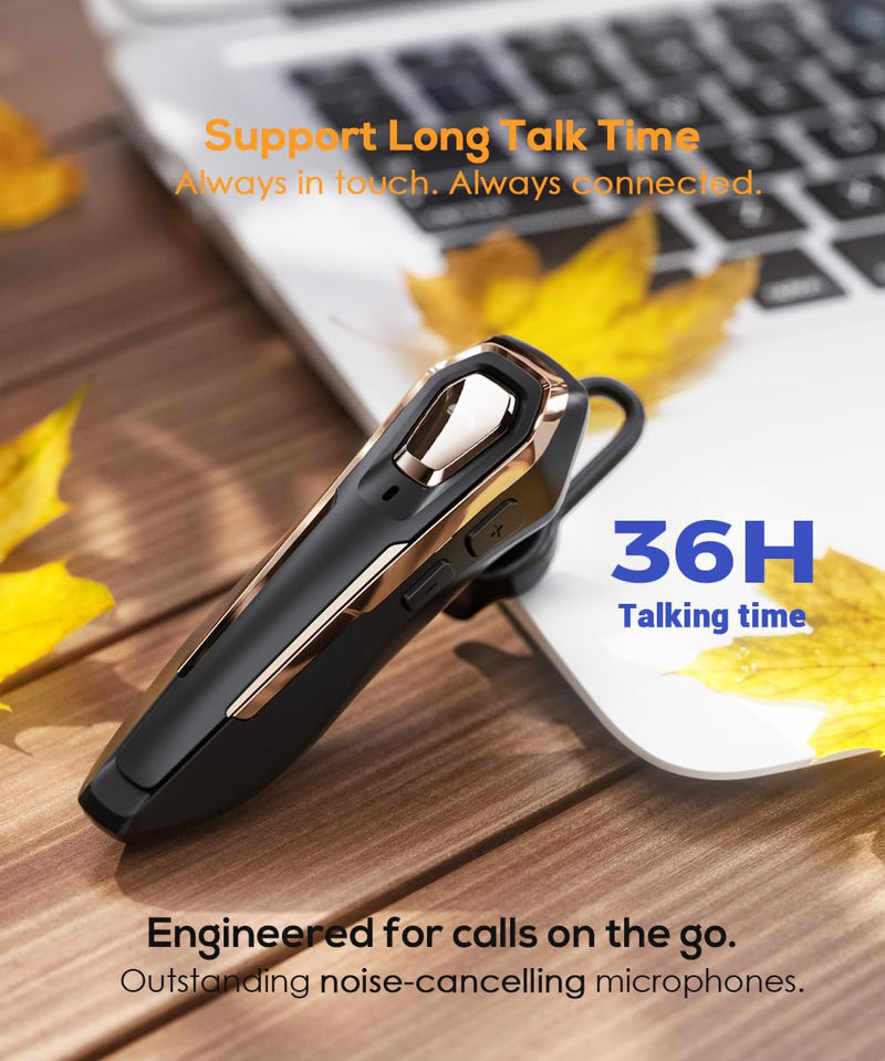 Hands-Free Bluetooth Headset V5.4, Bluetooth Earpiece Noise Canceling | 36Hrs Talk Time, Single Ear Headset for Work, Lightweight Wireless Earpiece with Mic (Gold) Gold