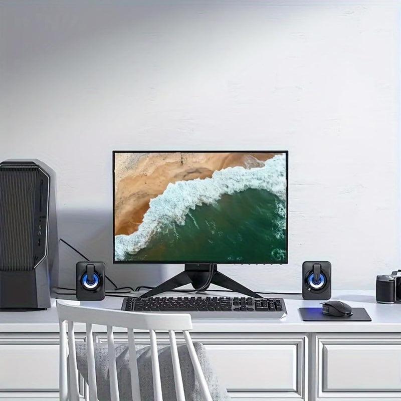 Wired RGB LED Mini Desktop Computer Speakers Pair, USB Powered Stereo with Dynamic Lighting, Compact Plug and Play for PC Laptop Gaming