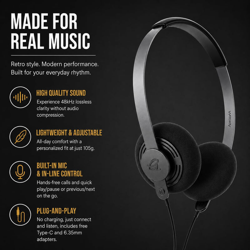 Gadhouse Wesley Wired On-Ear Headphones with Microphone – 40mm Dynamic Drivers, Retro 80s Style Headphones for Music & Calls, Lightweight PU Leather Headband, Includes USB-C & 6.35mm Adapters, 105g