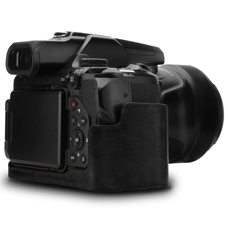 MegaGear Leather Camera Half Case & Strap Compatible with Nikon COOLPIX P1000, Ever Ready - Black