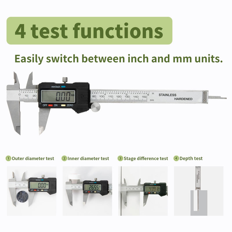 Digital Caliper 0-6" Measuring Tool with Metal Ruler, Micrometer Caliper with Auto-Off Feature, Interchangeable Between inches and millimeters for DIY/Household and 3D Printing, Black 6" Metal Black