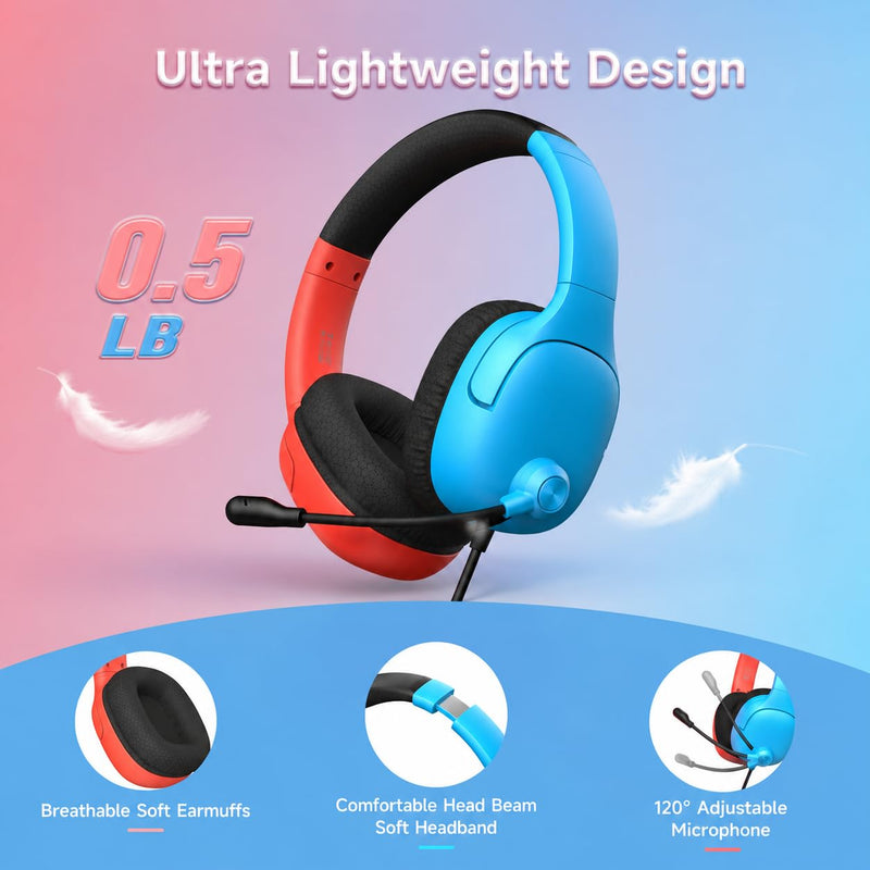 AOC Wired Gaming Headset for Nintendo Switch 2/OLED/Lite with Mic | 3.5mm Stereo, Noise Cancelling Microphone for PS5, PC, Fortnite, Red/Blue