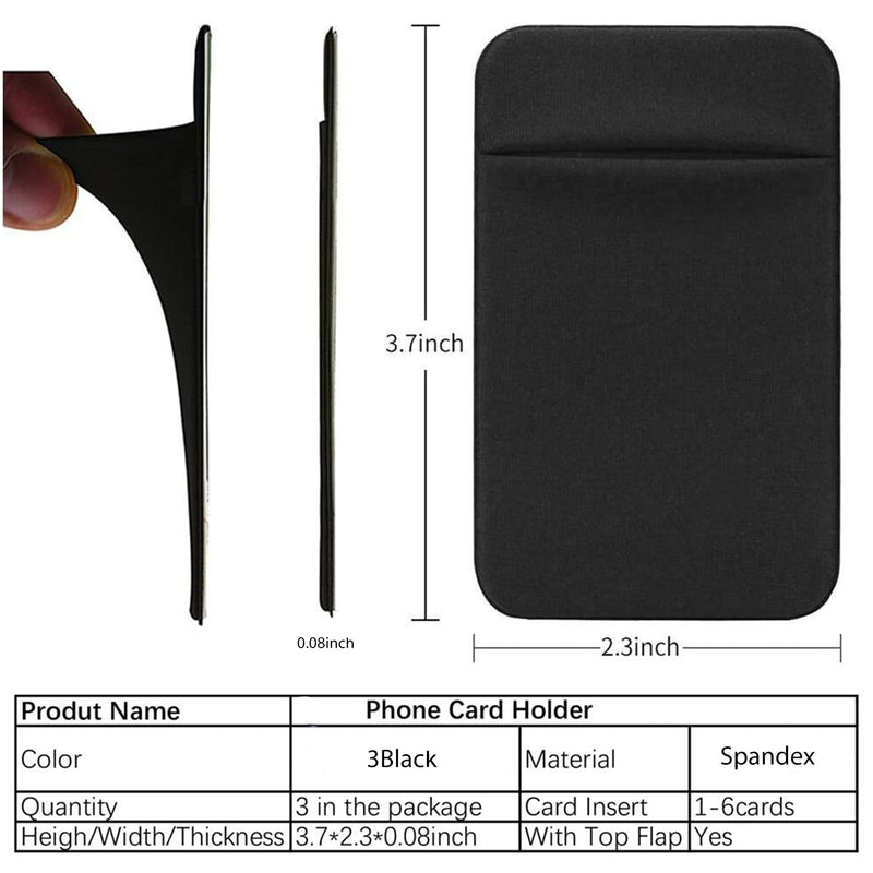 3Pack Cell Phone Card Holder Pocket Sticker Stretchy Cloth for Back of Phone with Flap Credit/ID Card Sleeve Adhesive Stick on Wallet for iPhone,Android All Smartphones (3Black) 3Black