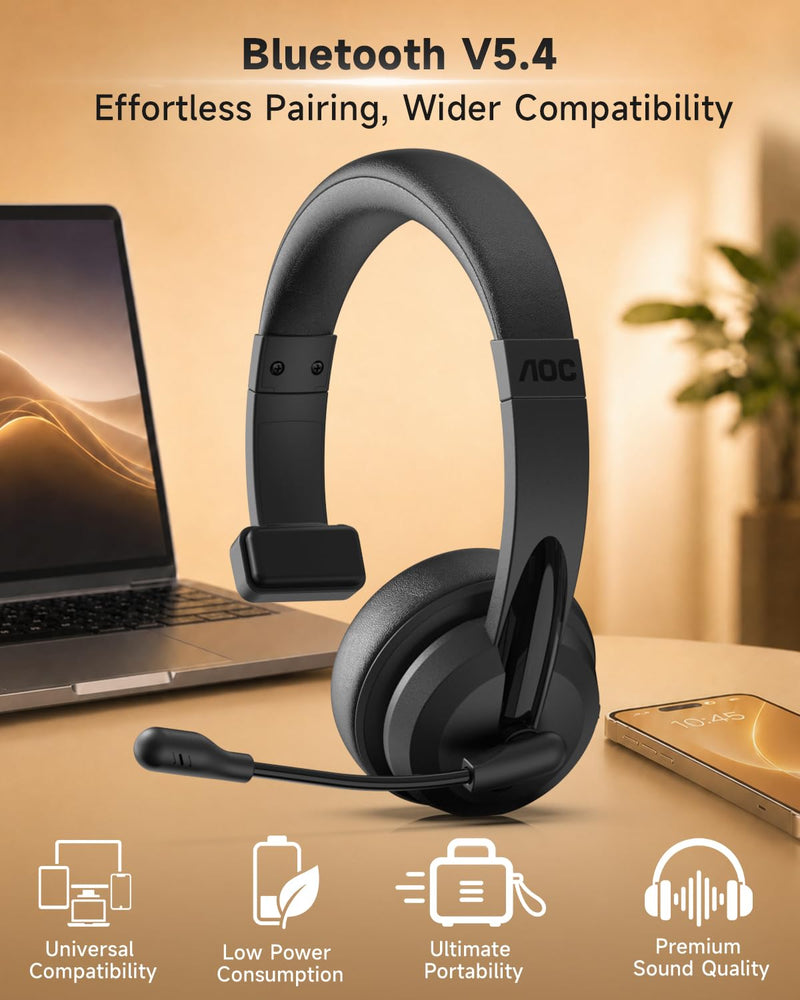 AOC Wireless Headset with Microphone for Work, AI ENC Noise Cancelling Bluetooth 6.0 Headset, 45H Playtime Mono Office Headset with 2.4G Dongle BLACK