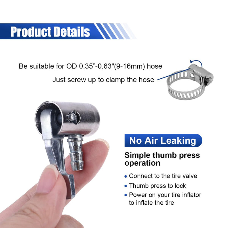 2PCS 1/4" Lock On All Metal Air Chuck, Mini Air Compressor Hose End with Barb Connector, Portable Tire Inflator Tire Chuck with Hose Clamp, Car Inflation Pump Air Nozzle for Hose Repair