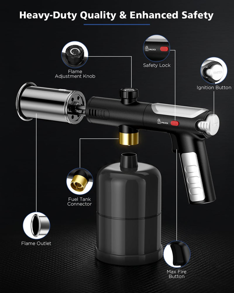 Propane Torch Gun & Weed Burner Torch - Adjustable Flame Thrower Gun with Safety Lock & One-Touch Max Fire, Cooking Blow Torch for Searing, Charcoal Starter, BBQ & Weeding (Tank Not Included)