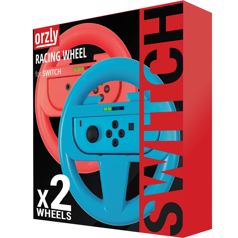 Orzly Steering Wheels for Nintendo Switch & OLED JoyCons, Racing Wheels for Mario Kart 8 Deluxe [Mariokart Switch Steering Wheel Joycon Controller Attachment Accessories] - TWIN PACK[1x Red & 1x Blue] 1x BLUE & 1x RED Steering Wheel for Nintendo Switch