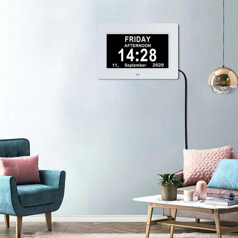 7 Inch Extra Large Day Date Time Digital Day Calendar Clocks with Auto-Dimming 12 Alarm Reminders Dementia Clock for Senior Elderly impaired Vision Memory Loss 7.1 inch white