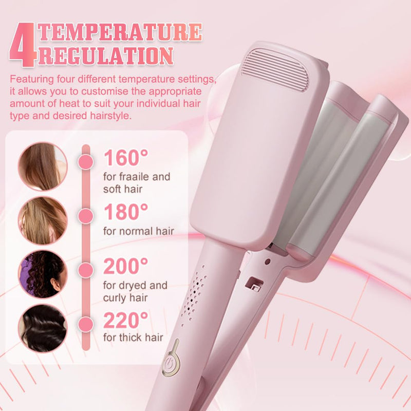 French Wave Curling Iron 32mm - Mermaid Hair Styler With 4 Gears Temperature, Fast Heating Curler for Long Short Hair, Pink