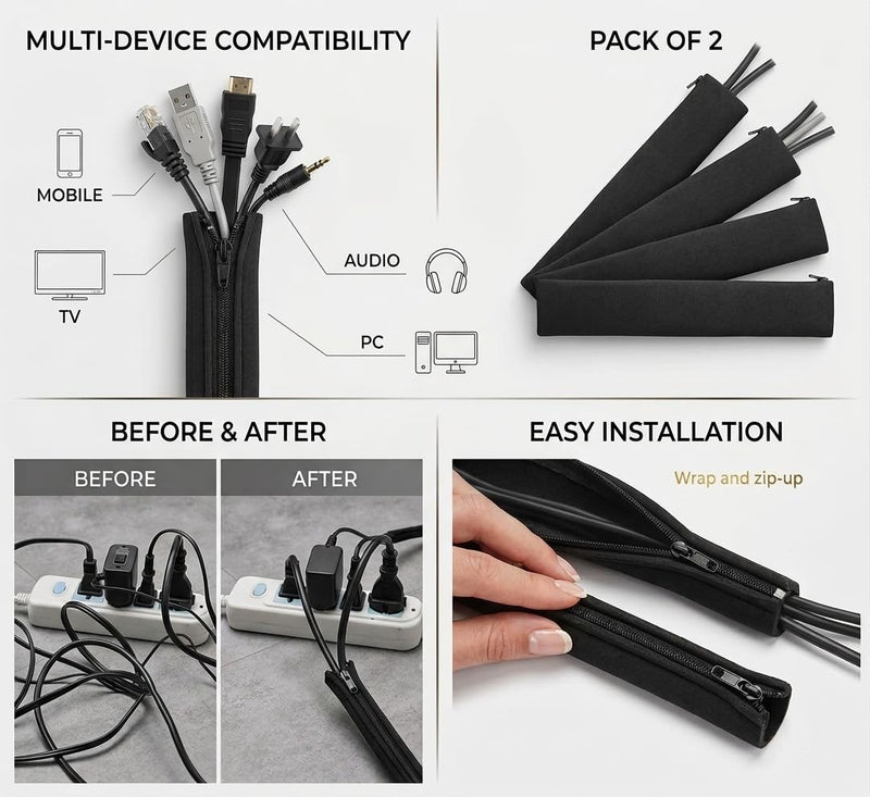 Cable Sleeve Organizer 2 Pack – Cable Management Sleeve Zipper, Cord Sleeves for Cables, Wire Sleeve Protector, Desk Cable Organizer Cover, Flexible Cable Wrap for Home Office