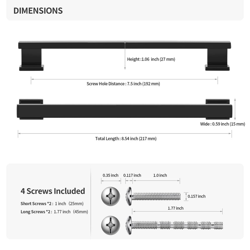 Lardmon 3 Pack 7.5 Inch(192mm) Hole Center Matte Black Kitchen Cabinet Handles Modern Cabinet Pulls Kitchen Cabinet Hardware Solid Drawer Pulls Handles for Dresser, Total Length 8.54 Inch 7.5 Inch Hole Center