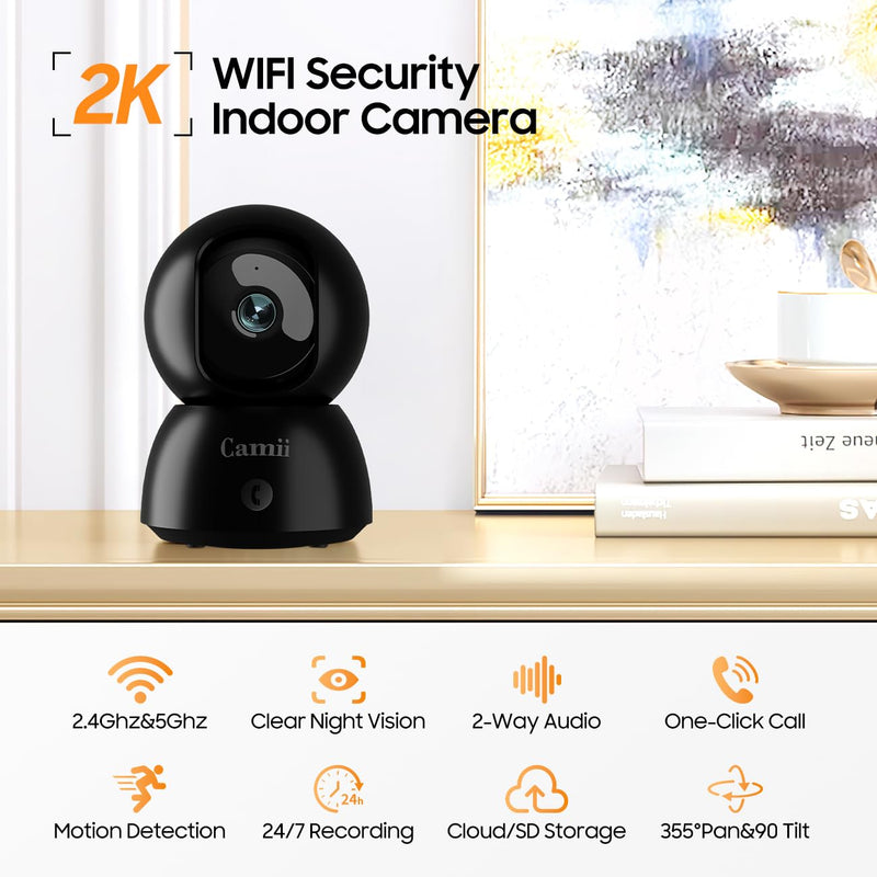 Indoor Camera, 2K Pet Cameras for Home Security Dual Band WiFi(2.4/5G), Security Camera with Phone App, 24/7 SD Card Storage, 2-Way Audio, Dog and Baby Monitor with Motion Detection, Black 2Pack