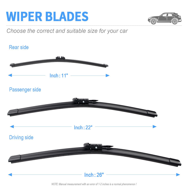 Gavimnal® 26"+22"+11" Silicone Wiper Blades Replacement For Ford Explorer 2011-2023,Ford Police Interceptor Utility 2013-2023,All-Season Front Rear Windshield Wiper Blades(Set of 3) 26"+22"+11"(Pinch Tab Arm)