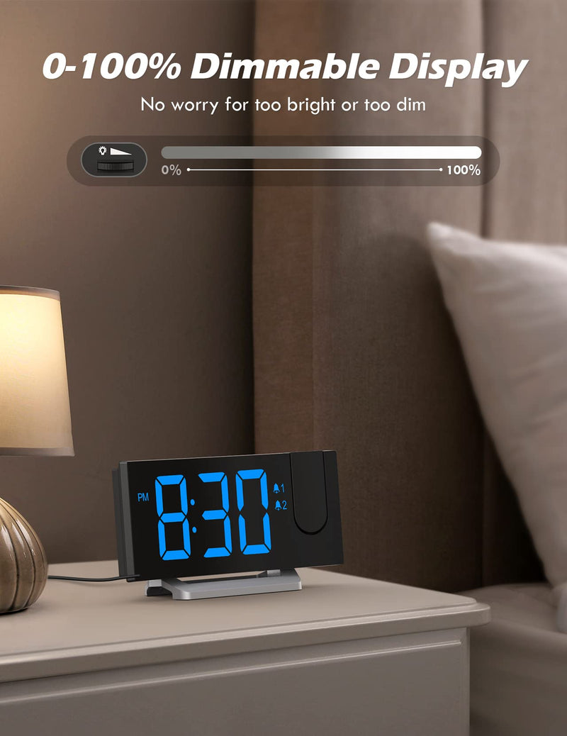 Projection Alarm Clock with FM Radio, USB Charging Port, 0-100% Dimmer, Dual Alarms, HD LED Display, 30 Preset Stations, Sleep Timer, 5 Alarm Sounds, Snooze, Curved Screen, Digital Clock for Bedroom Blue