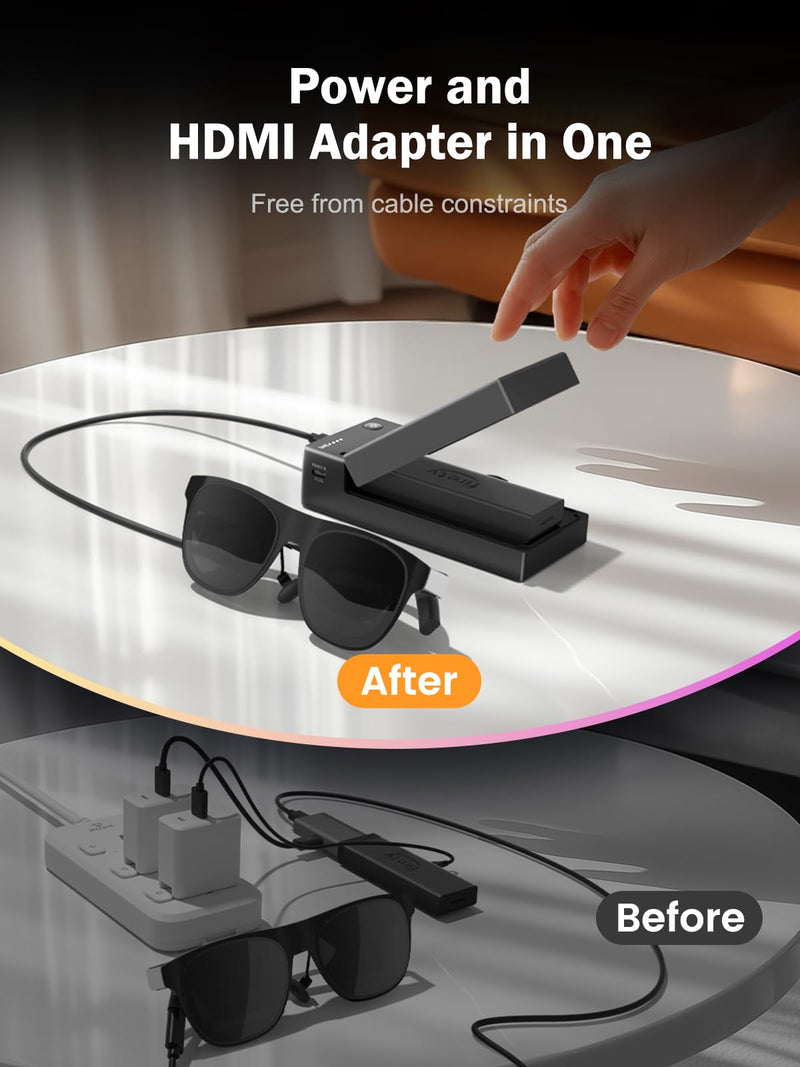 Lemorele Built-in 5000mAh Battery HDMI to USB-C Adapter for AR Glasses | Supports 4K60Hz output, feeds Fire TV Stick & AR glasses at once, fits Xreal Air, Rokid & USB-C monitors w/one-key control
