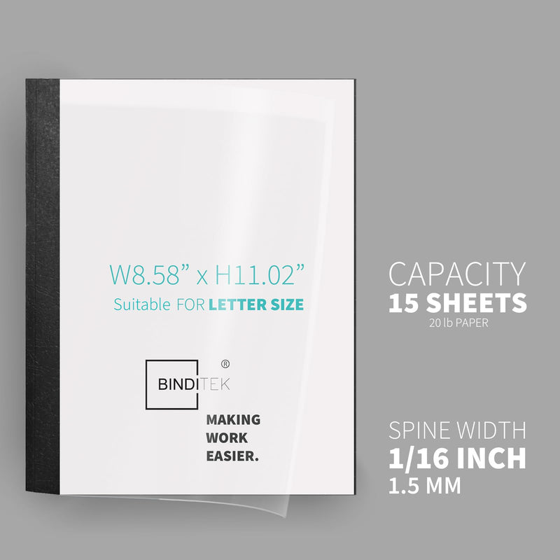 Binditek 20 Pack Thermal Binding Presentation Covers, 1/16 Inch Spine Holds 15 Sheets, Ultra Clear Front Cover, Black Paper Back Cover, Letter Size, for Students and Coworkers 15-Sheet-Capacity 20P, Black