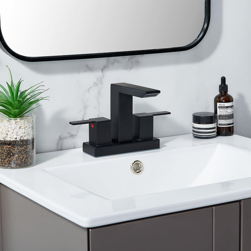 IKEBANA Matte Black Waterfall Bathroom Faucet, 4 inch 2 Handle 304 Stainless Steel Bathroom Sink Faucet, Modern Waterfall Spout Lead-Free Sink Faucets with Pop-up Drain and Supply Hoses, IK-QK2324