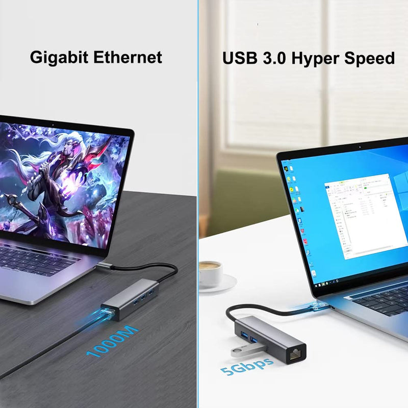 DTECH 3 Port USB to Ethernet Adapter USB 3.0 Hub 10/100/1000 mbps Gigabit Wired Network Cable Converter for Laptop Notebook Desktop Computer Keyboard Router Modem Internet