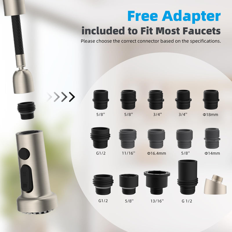 Hibbent Stainless Steels Pull Down Faucet Head Replacement, NSF/ANSI/CAN 61 & CUPC Certified 3 Function Kitchen Sink Sprayer Head, 15 Adapters, Compatible with Moen, Kohler Faucets, Brushed Nickel Stainless Steel with 15 Adapters