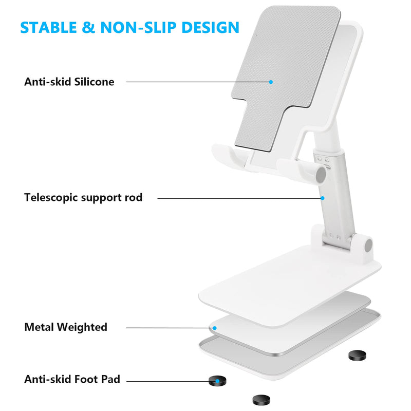 Cell Phone Stand, Folding Desktop Phone Stand, Angle Height Adjustable Mobile Phone Holder for Desk, Office, Tablet Stand Compatible with All Phones 4-10’’ Cellphone & Tablet (White) B-White