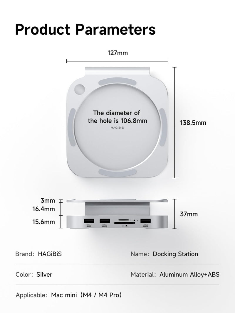 Hagibis Mac mini M4 Hub & Stand with SSD Enclosure, 3 in 1 USB Type-C Docking Station with M.2 NVMe SSD Case, 10Gbps USB3.2 Gen2, SD4.0, TF4.0, 5V/2A Power Supply for M4 Pro (MC60) MC60
