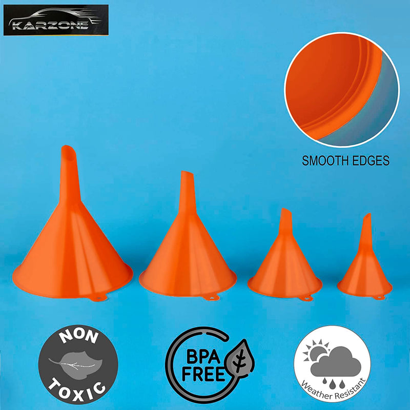 Plastic Funnel for Automotive Use - Kitchen Funnels for Filling Bottles, Jars, Containers or Lab Use - Oil Funnel for Gas, Car Oil, Lubricants and Fluids (Orange-4 Pack) Orange-4 Pack