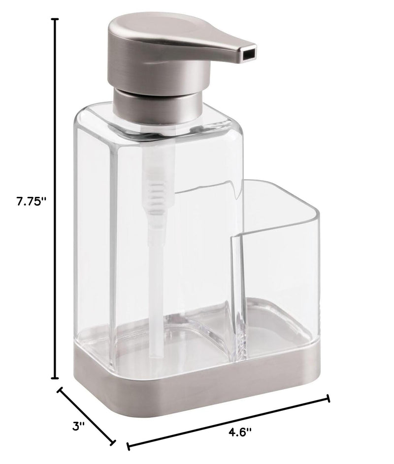 mDesign Modern Plastic Kitchen Sink Countertop Liquid Hand Soap Dispenser Pump Bottle Caddy with Storage Compartment - Holds and Stores Sponges, Scrubbers and Brushes - Clear/Brushed