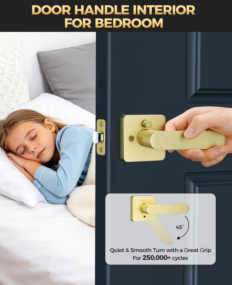 Brushed Gold Door Handles Interior for Bedroom & Bathroom, 1 Pack | Heavy Duty Zinc Alloy, Modern Thick Door Lever with Lock, Keyless Privacy, Reversible Left or Right Handed, Adjustable Latch Brushed Gold