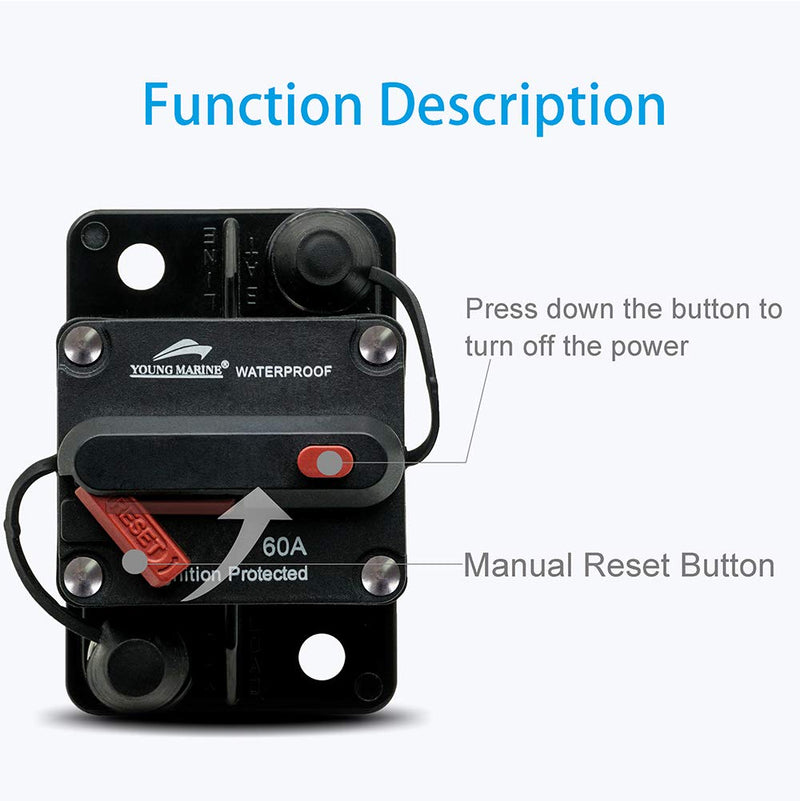 Young Marine Circuit Breaker for Boat Trolling with Manual Reset,Water Proof,12V- 48V DC Surface Mount-60A